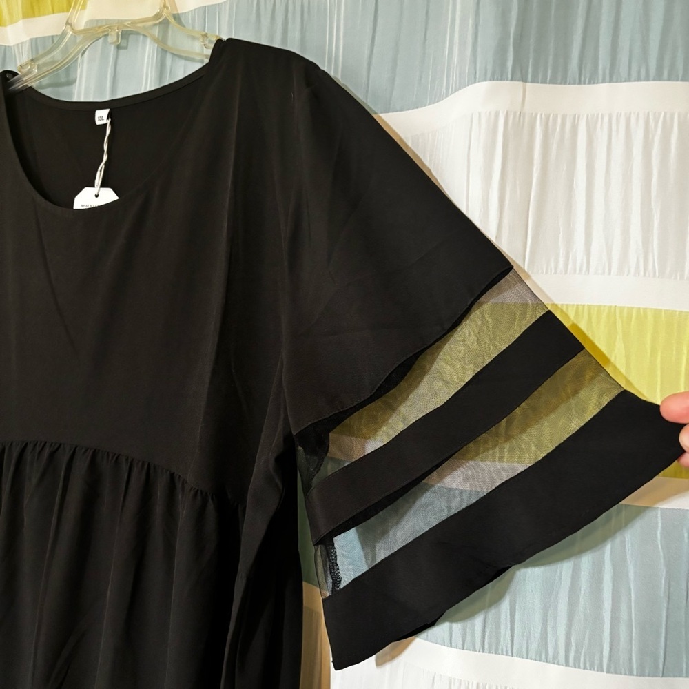 Elegant Black Mesh Splicing Dress Sheer Accents Sz XXL - Picture 3 of 7